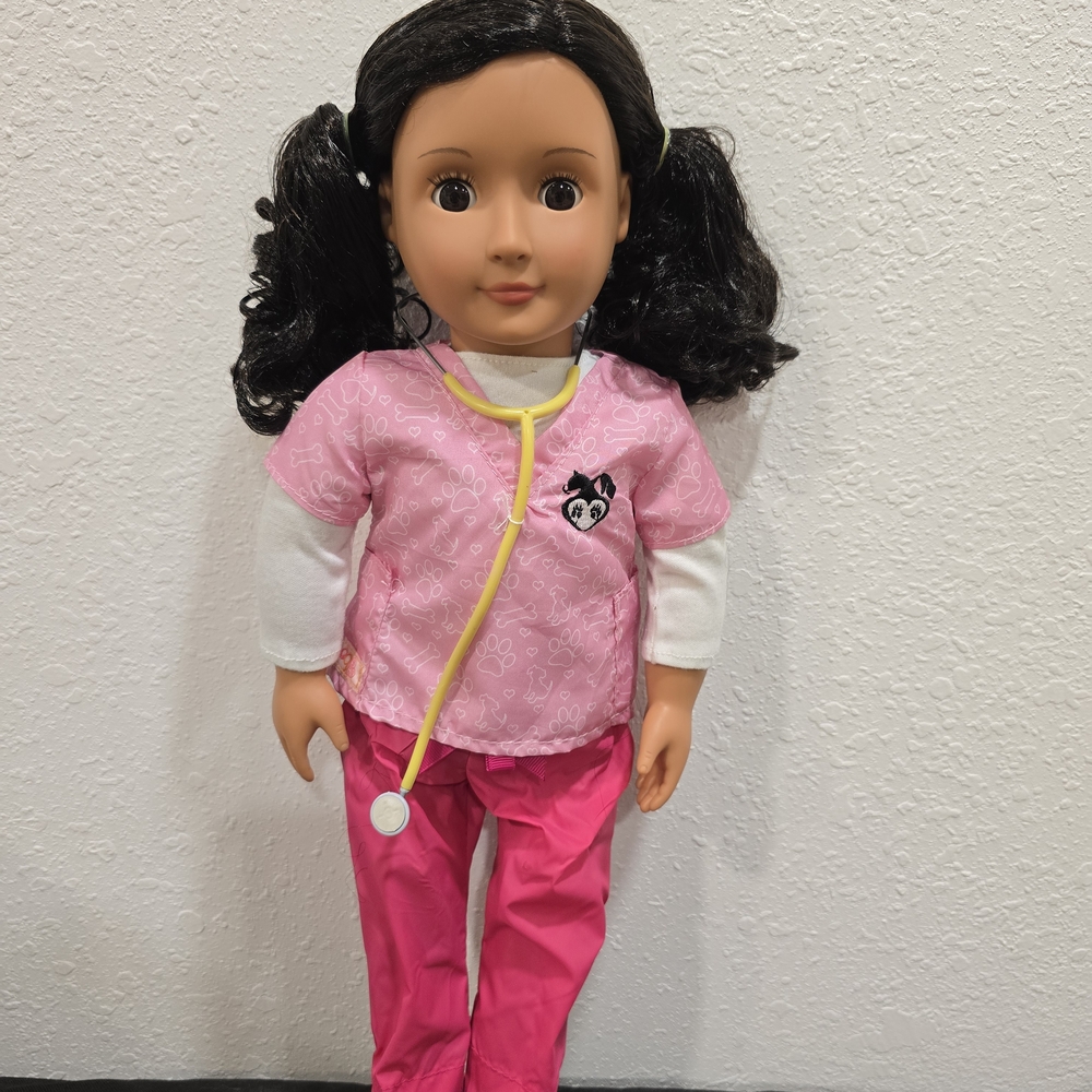 Pink and White Nurse Doll with Curly Hair